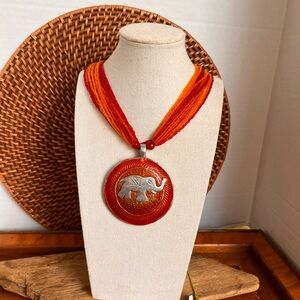 VTG Sterling Elephant Pendant Necklace Red Orange Glass Seed Beads 24”